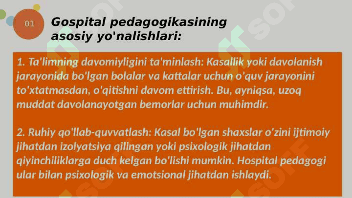 MAVZU: GOSPITAL PEDAGOGIKDA RUHIY RIVOJLANISHIDA NUQSONI BO'LGAN BOLALARNI INKLYUZIV TA'LIM SHAROITIDA O'QITISH VA TARBIYALASH 4