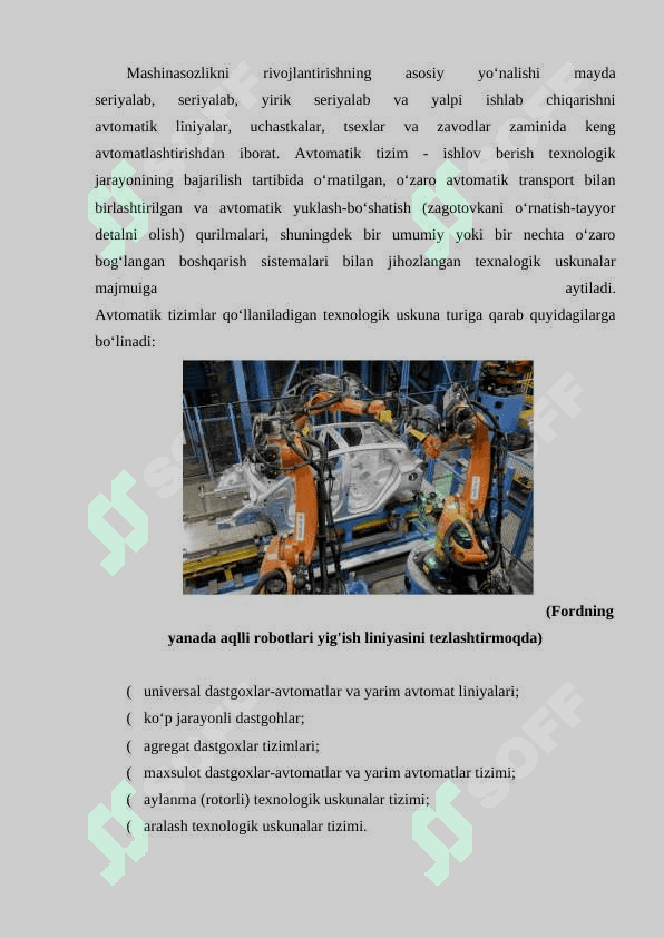 Mashinasozlik korxonalarida qo‘llaniladigan avtomatik linyalar. 2