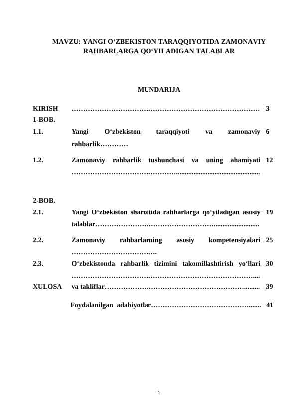 YANGI OʻZBEKISTON TARAQQIYOTIDA ZAMONAVIY   RAHBARLARGA QOʻYILADIGAN TALABLAR kurs ishi.1.docx