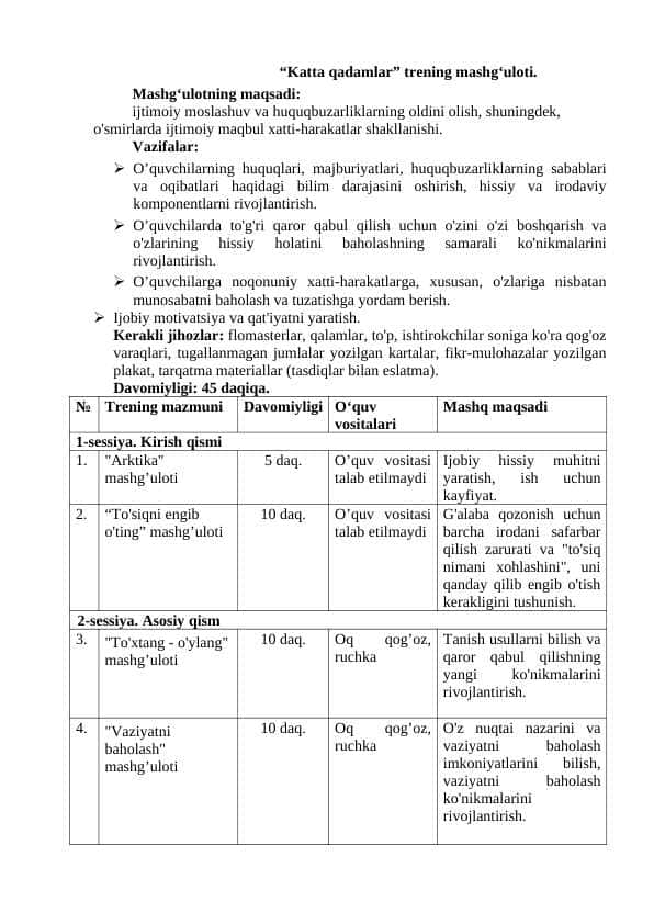 "Katta qadamlar" Trening ishlanma