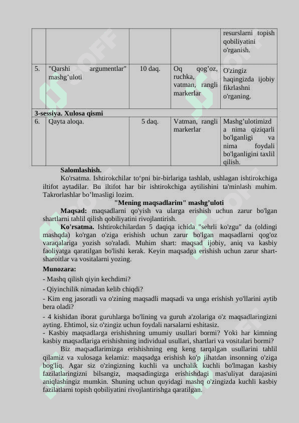 "Mening kelajagim mening qo'limda" Trening ishlanma 2