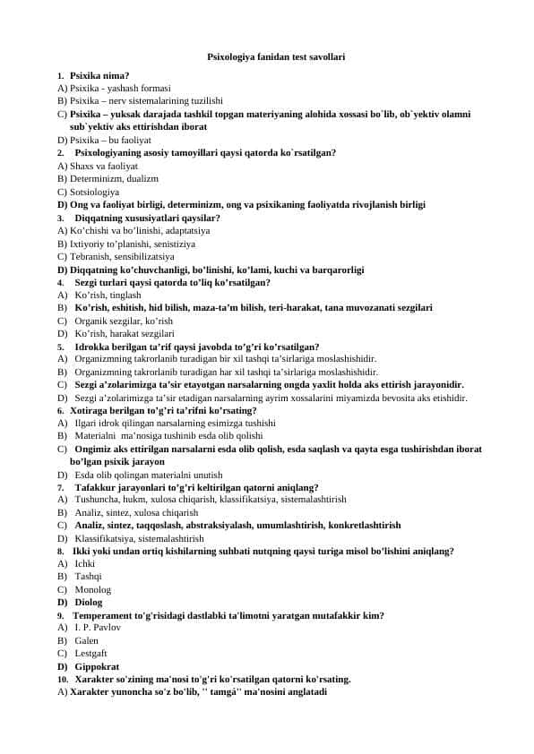 Psixologiya fanidan test savollari 1