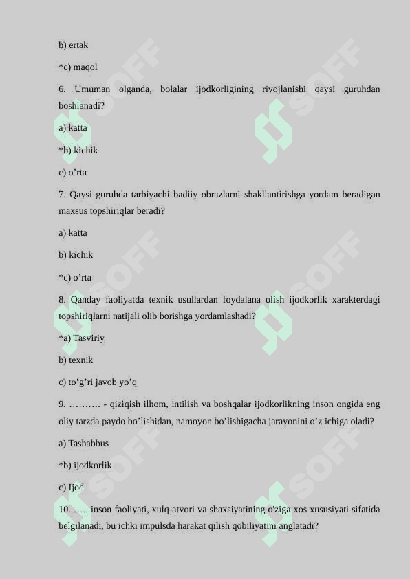 Maktabgacha ta’lim tashkilotida sahnalashtirish faoliyatini tashkil qilishda tarbiyachining o’rni test 2
