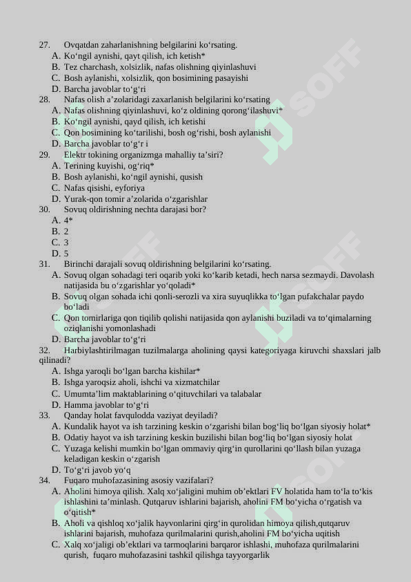Hayot faoliyati xavfsizligi fanidan yakuniy nazorat uchun test savolari javoblari bilan 4