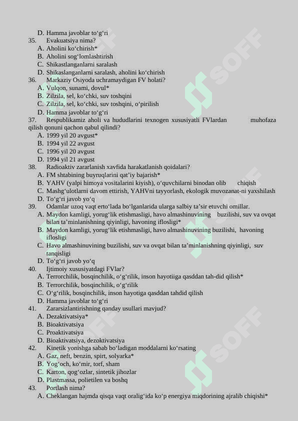 Hayot faoliyati xavfsizligi fanidan yakuniy nazorat uchun test savolari javoblari bilan 5