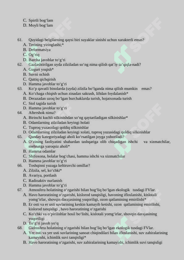 Hayot faoliyati xavfsizligi fanidan yakuniy nazorat uchun test savolari javoblari bilan 8