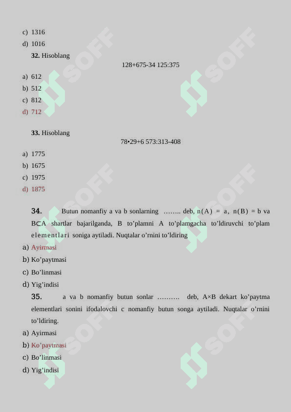 Boshlang’ich matematika kursi nazariyasi test javoblari bilan 7