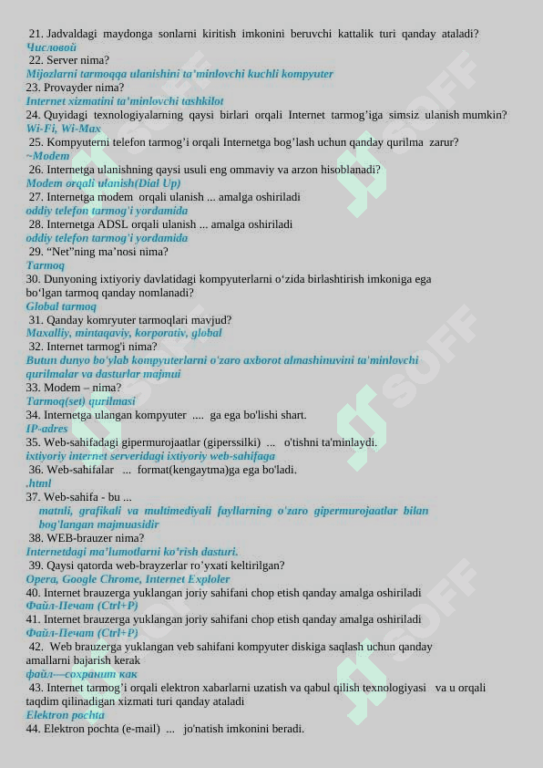 axborot texnologiyalari informatika savollar javoblari bilan 2
