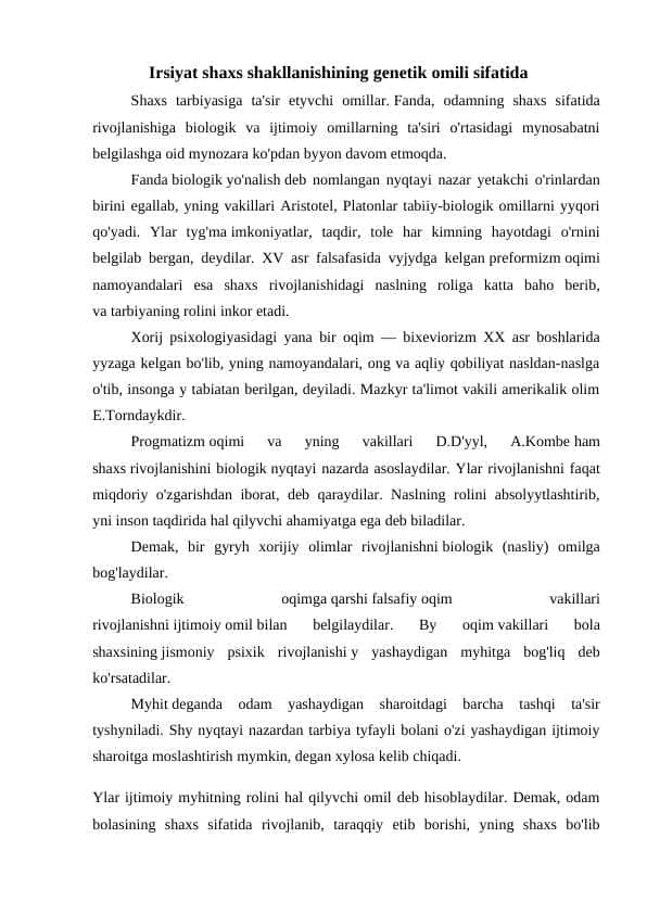 Irsiyat shaxs shakllanishining genetik omili sifatida 1