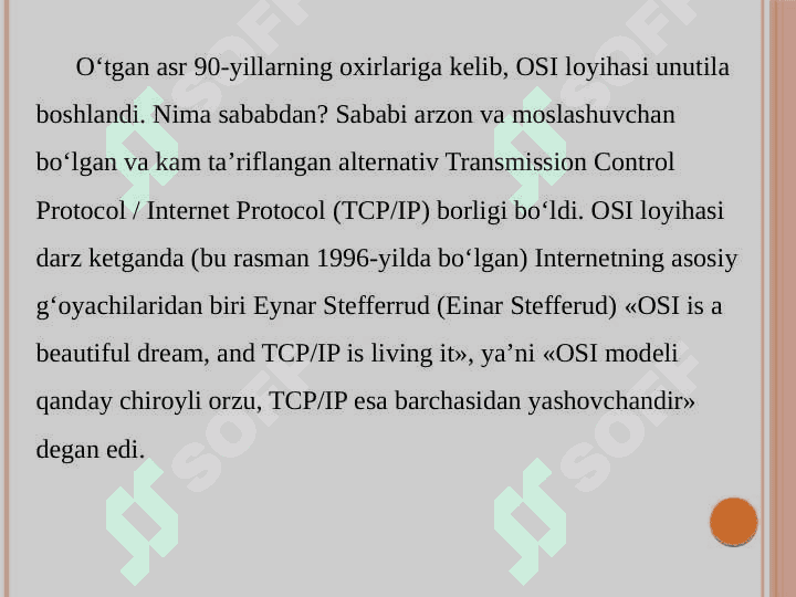 OSI etalon modeli. OSI pog‘onasining tarixi. OSI pog‘onalarning vazifasi, asosiy protokollari, pog‘onalarning o‘zaro bog‘lanishi va xizmatlari. 5