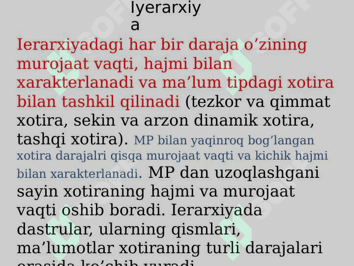 Xotira ierarxiyasi. Asosiy xotira.Sinxron va asinxron xotira qurilmalari 4