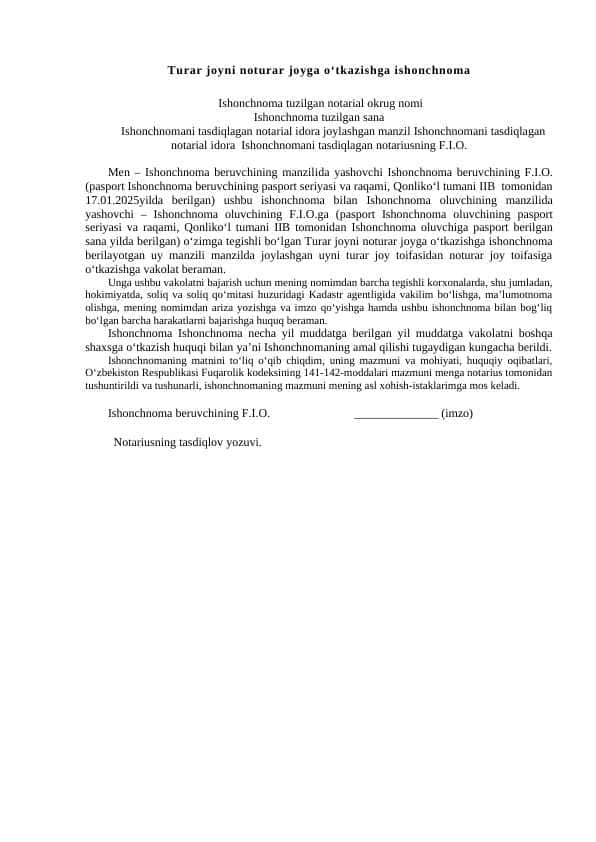Turar joyni noturar joyga oÔÇÿtkazishga ishonchnoma 1