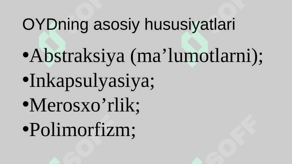 Dasturlash tilida sinflar. Do’stona (voris) funksiyalar.  Inkapsulyasiya. Merosxo’rlik (vorislik). Polimorfizm. Virtual funksiyalar. Ammallar va usullarni qayta ishlash va qayta aniqlash 8