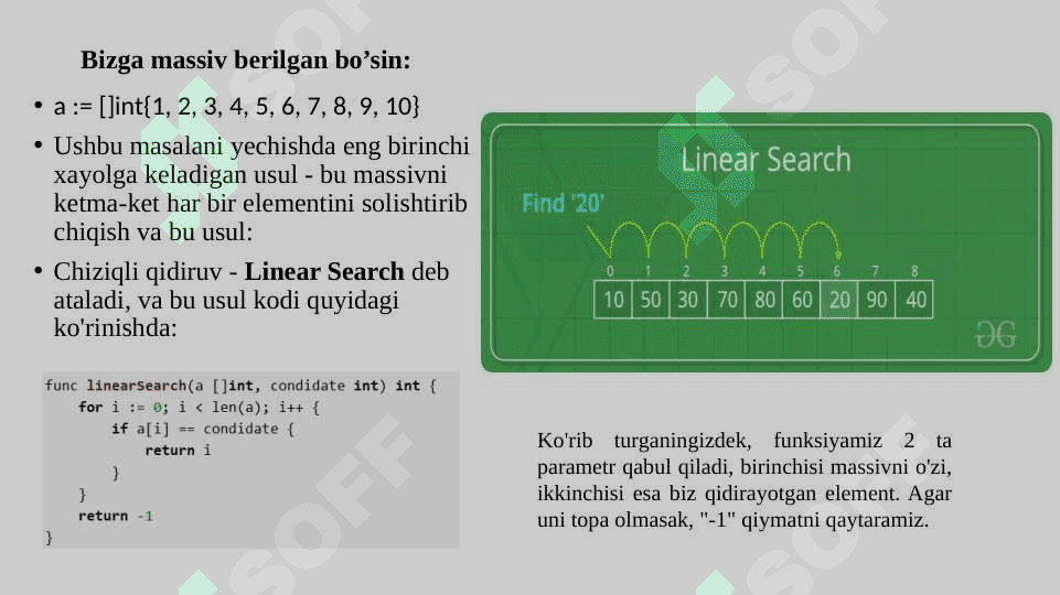 Qidiruv va xeshlash algoritmlar. Qidiruv algoritmlar:chiziqli algoritm, binary qidiruv algoritmi 6