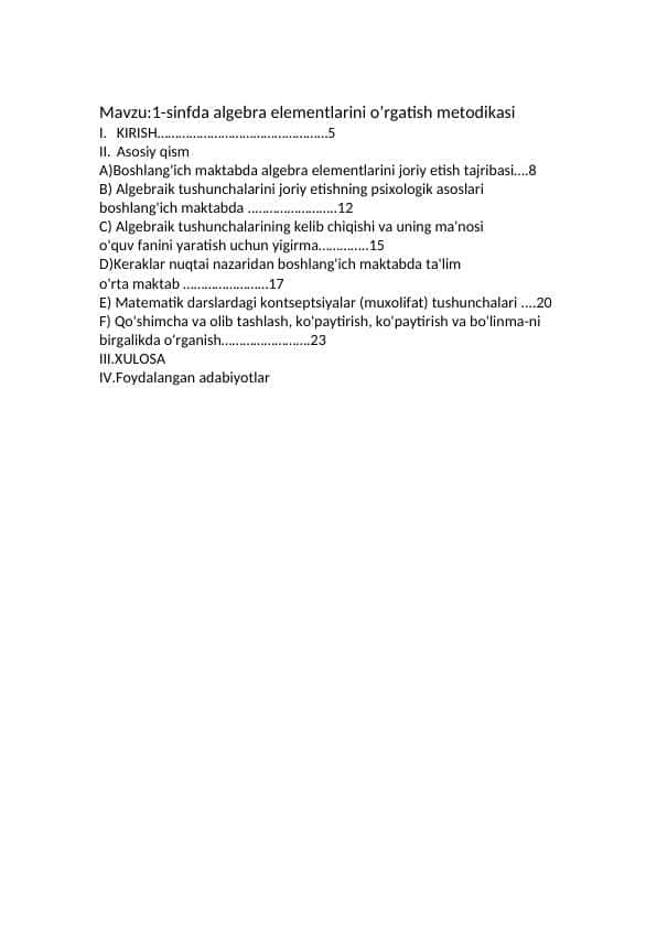 1-sinfda algebra elementlarini oʻrgatish metodikasi 1