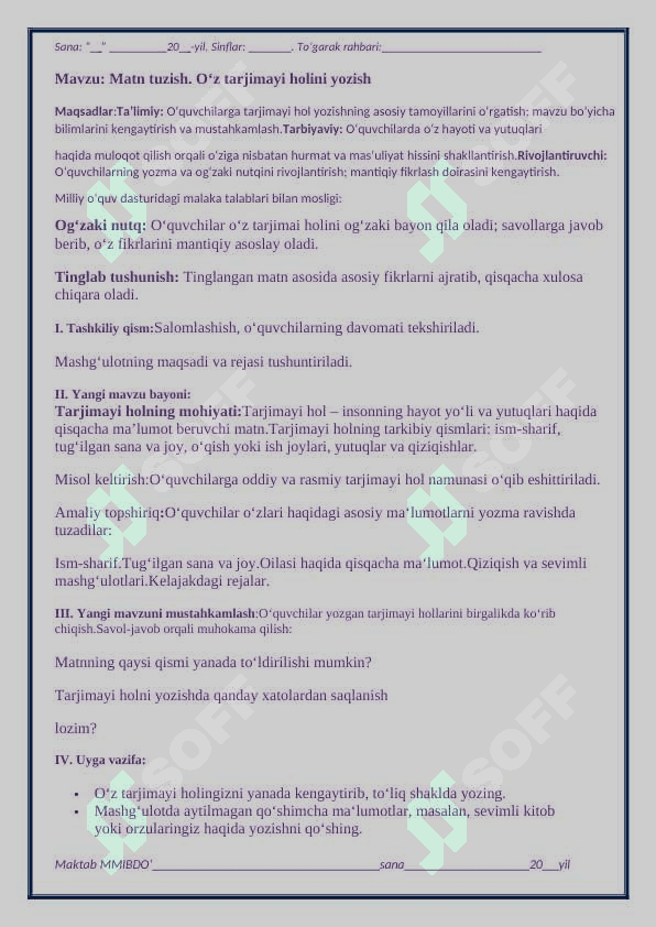 5-6-sinf oquvchilari uchun maktab darsliklariga asoslangan holatda dars mashg`ulotlaridan keyingi to`garak uchun reja va dars mavzulari,malumotlari bilan 8