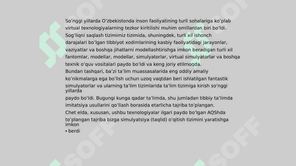 Simulyatsiya usullari va Simulyatsiya tibbiyotini ishlab chiqish . 2