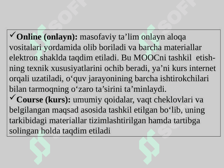 MOOC (massive open online courses – mashxur ochiq onlayn kurslar) haqida. MOOC platformalari turlari va vazifalari. Coursera, Khan Academy, Lektorium, EdX, Udemy platformalari bilan tanishish. 7