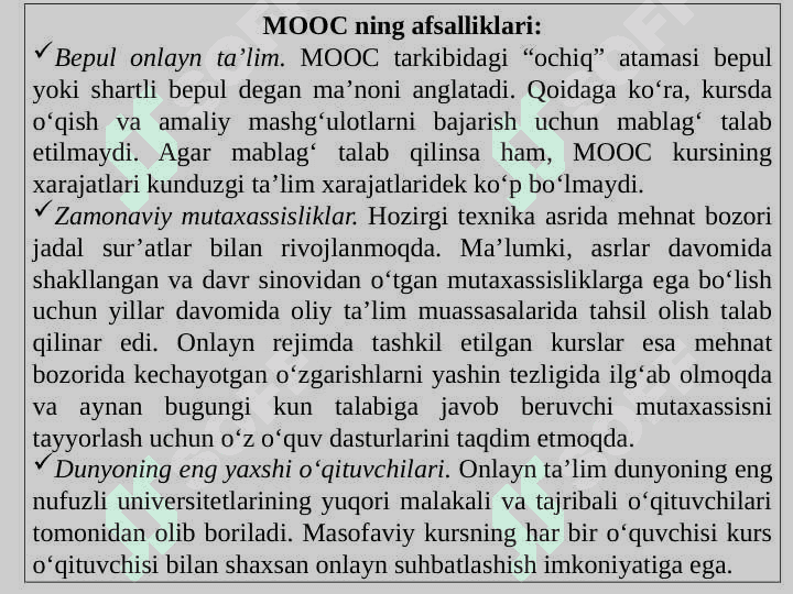 MOOC (massive open online courses – mashxur ochiq onlayn kurslar) haqida. MOOC platformalari turlari va vazifalari. Coursera, Khan Academy, Lektorium, EdX, Udemy platformalari bilan tanishish. 8