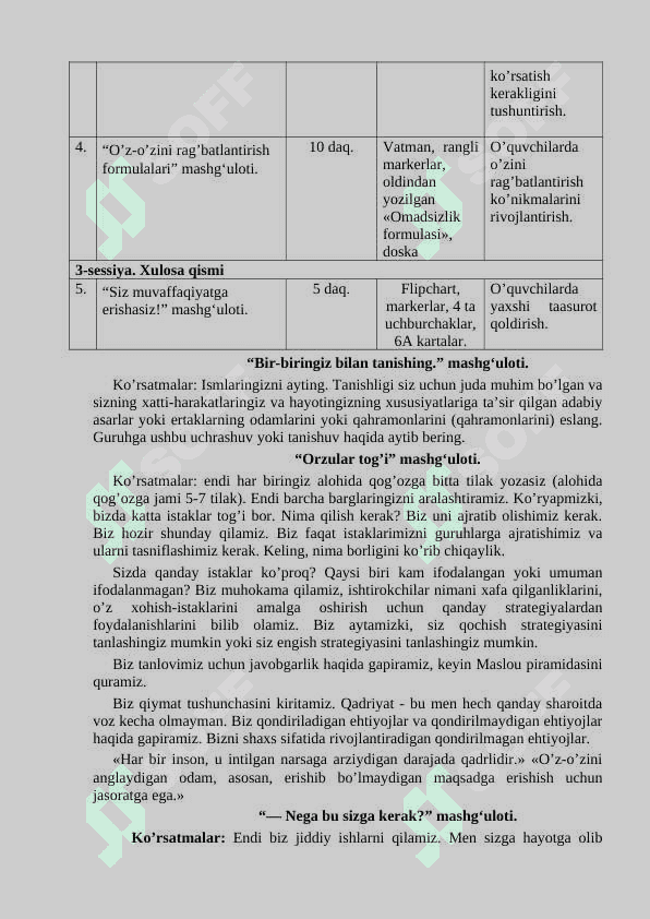 "Maqsad qo'yish va taqdirini o'zi belgilash" Trening ishlanma 2