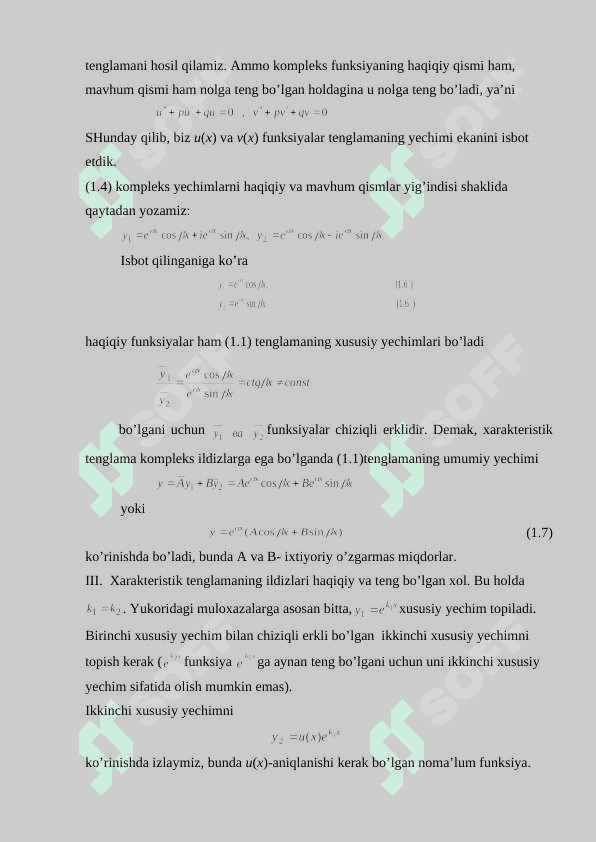 Ikkinchi tartibli differensial tenglamalar va ularni yehishning o’zgarmasni variasiyalash usuli. Ostrogradskiy-Liuvill formulasi. 3