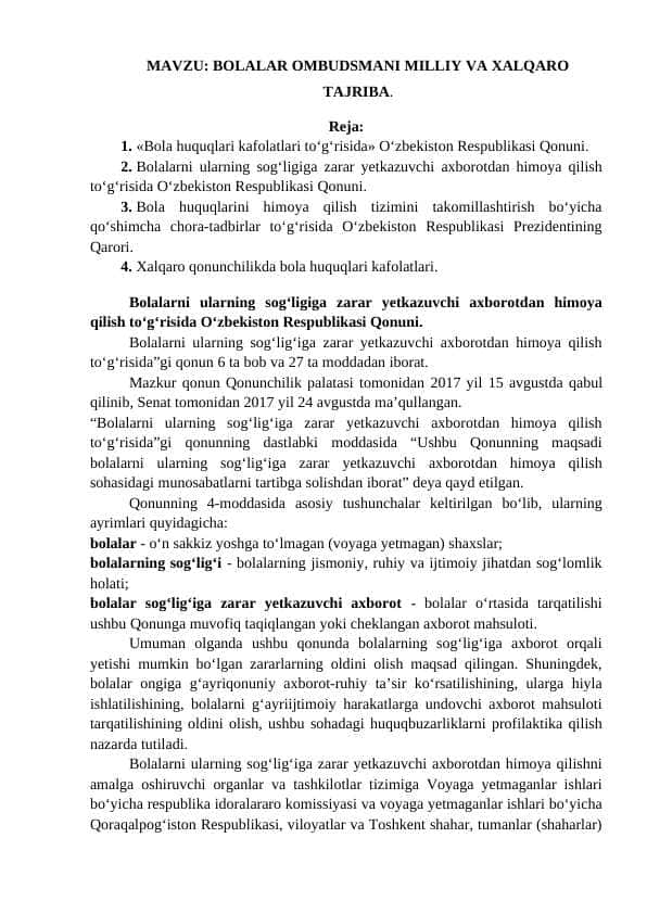 Bolalar ombudsmani milliy va xalqaro tajriba 1
