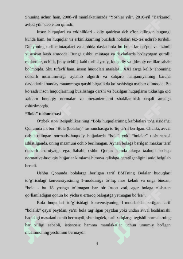 O’zbekistonda bola huquqlarini himoya qilishning institutsional tizim O’zbekiston sharoitida bola huquqlarini himoya qilishda davlat, nodavlat va xalqaro tashkilotlar roli. 3