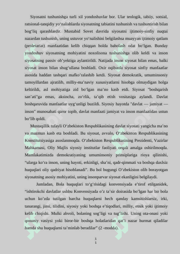 O’zbekistonda bola huquqlarini himoya qilishning institutsional tizim O’zbekiston sharoitida bola huquqlarini himoya qilishda davlat, nodavlat va xalqaro tashkilotlar roli. 6