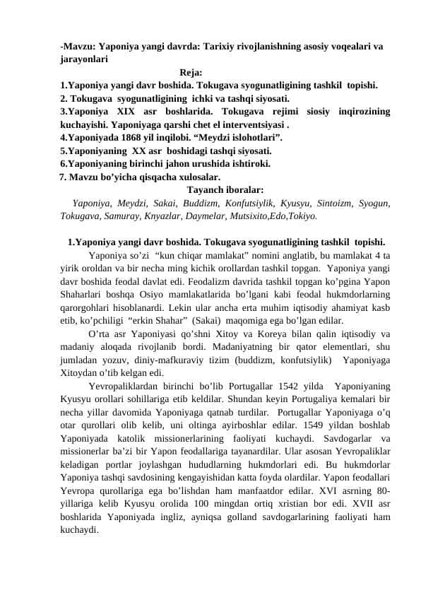 Yaponiya yangi davrda: Tarixiy rivojlanishning asosiy voqealari va jarayonlari