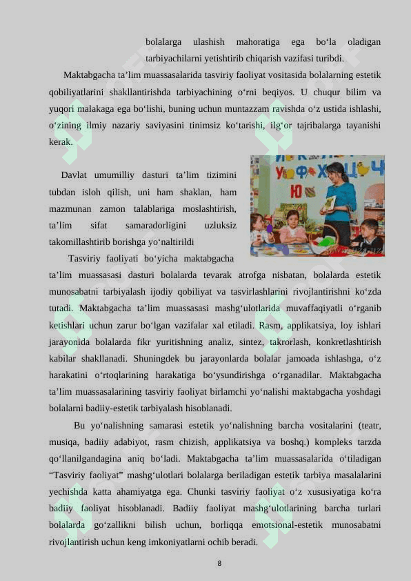 TEVARAK ATROFNI TASVIRLASH ASOSIDA BOLALARNING TASVIRIY FAOLIYATI. 8
