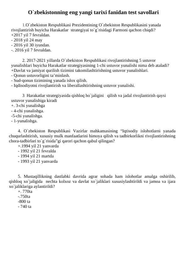 O'zbekistonning eng yangi tarixidan test savollari, javoblari bilan 1