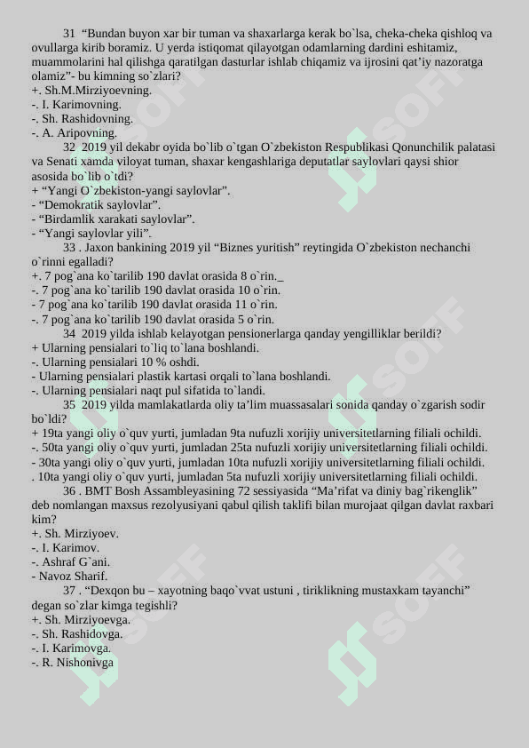O'zbekistonning eng yangi tarixidan test savollari, javoblari bilan 6
