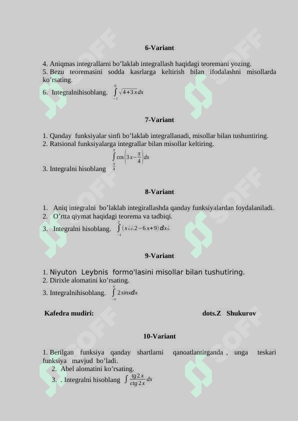 Matematik analiz fanidan variantlashtirilgan savollar 2