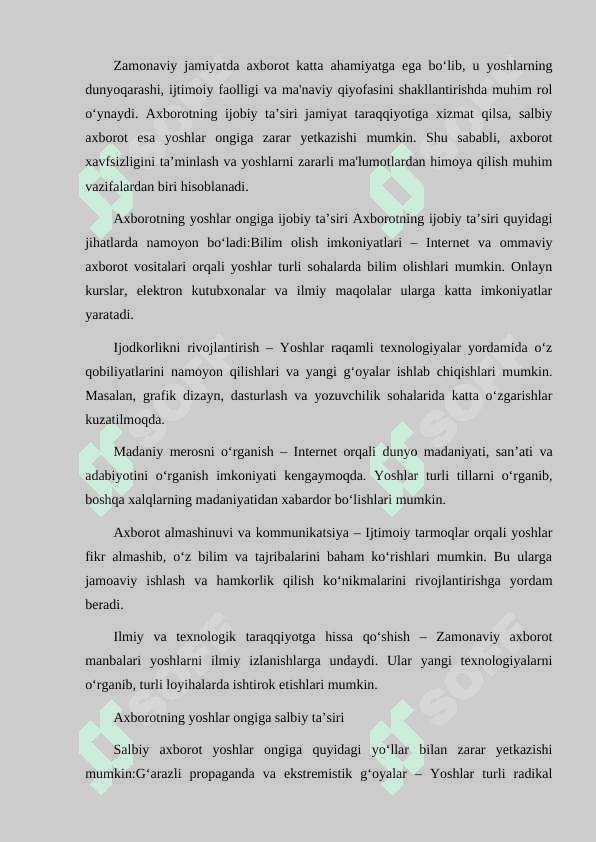 AXBOROTNING YOSHLAR ONGIGA SALBIY VA IJOBIY TA'SIRI. SALBIY AXBOROTLARGA QARSHI QO'LLANILAYOTGAN CHORA TADBIRLAR 2