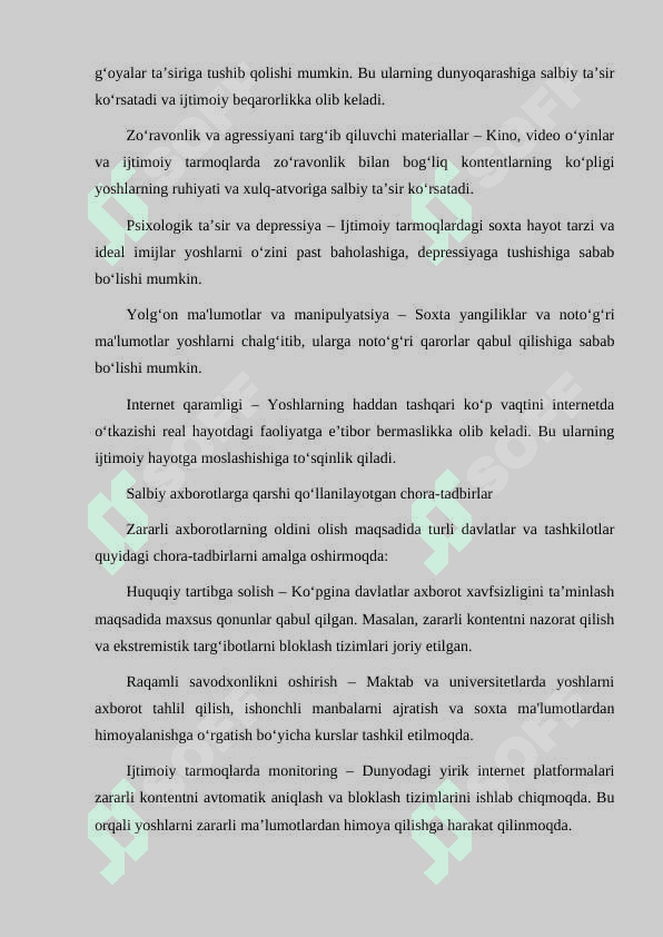 AXBOROTNING YOSHLAR ONGIGA SALBIY VA IJOBIY TA'SIRI. SALBIY AXBOROTLARGA QARSHI QO'LLANILAYOTGAN CHORA TADBIRLAR 3