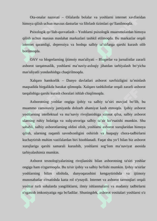AXBOROTNING YOSHLAR ONGIGA SALBIY VA IJOBIY TA'SIRI. SALBIY AXBOROTLARGA QARSHI QO'LLANILAYOTGAN CHORA TADBIRLAR 4