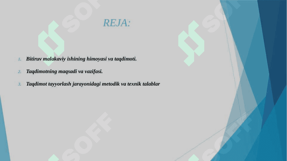 BITIRUV MALAKAVIY ISH HIMOYASI. TAQDIMOTLARNI TAYYORLASHDA UCHUN ZARUR METODIK VA TEXNIK TALABLAR 2