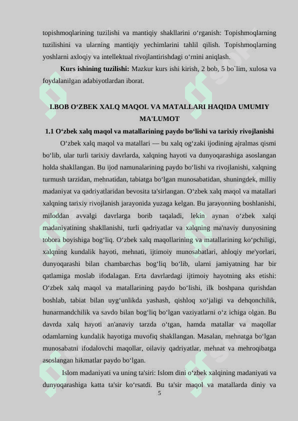 O‘zbek xalq maqol va matallari. Topishmoqlar 5