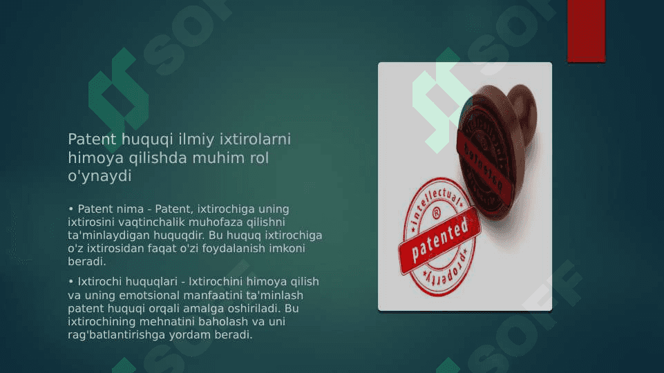 Ilm-fan, ilmiy faoliyat, ixtirochilik va innovatsion faoliyatni qoʻllab-quvvatlash. Intelektual mulk huquqi va patent siyosati 1