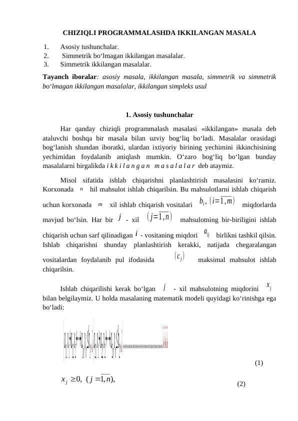CHIZIQLI PROGRAMMALASHDA IKKILANGAN MASALA 1