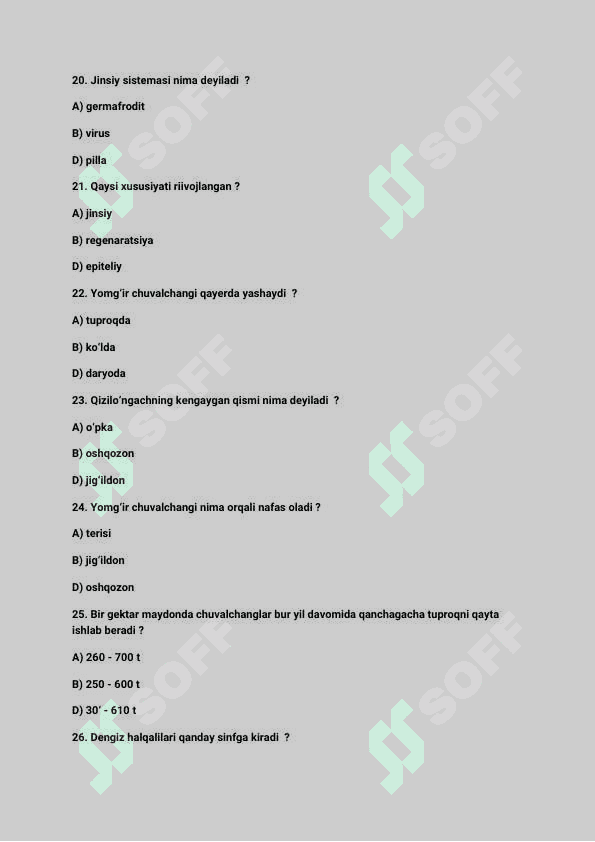 Testlar | Zoologiya | 7-sonf kitobidan 4