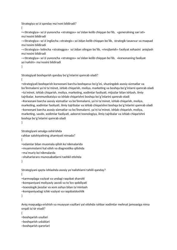 Strategik menejment fanidan testlar javoblari bilan