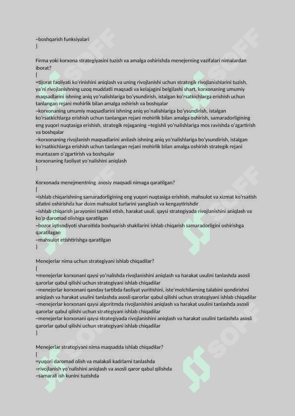 Strategik menejment fanidan testlar javoblari bilan 2