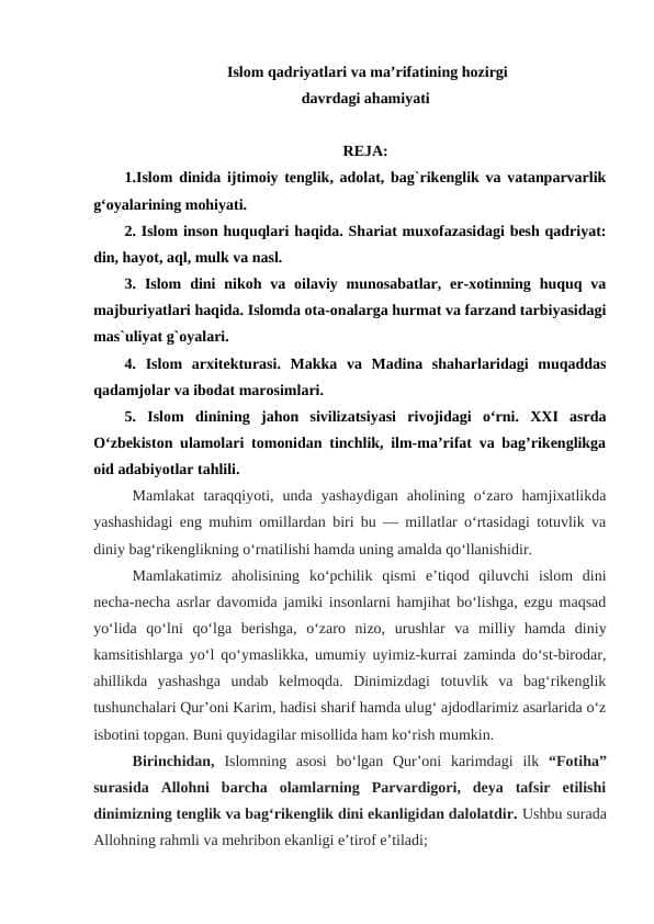 Islom qadriyatlari va ma’rifatining hozirgi davrdagi ahamiyati