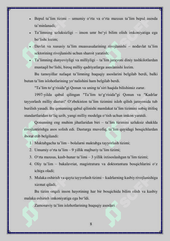 O'ZBEKISTON RESPUBLIKASIDA TA'LIM SOHASIDA AMALGA OSHIRILGAN ISLOHOTLAR 8
