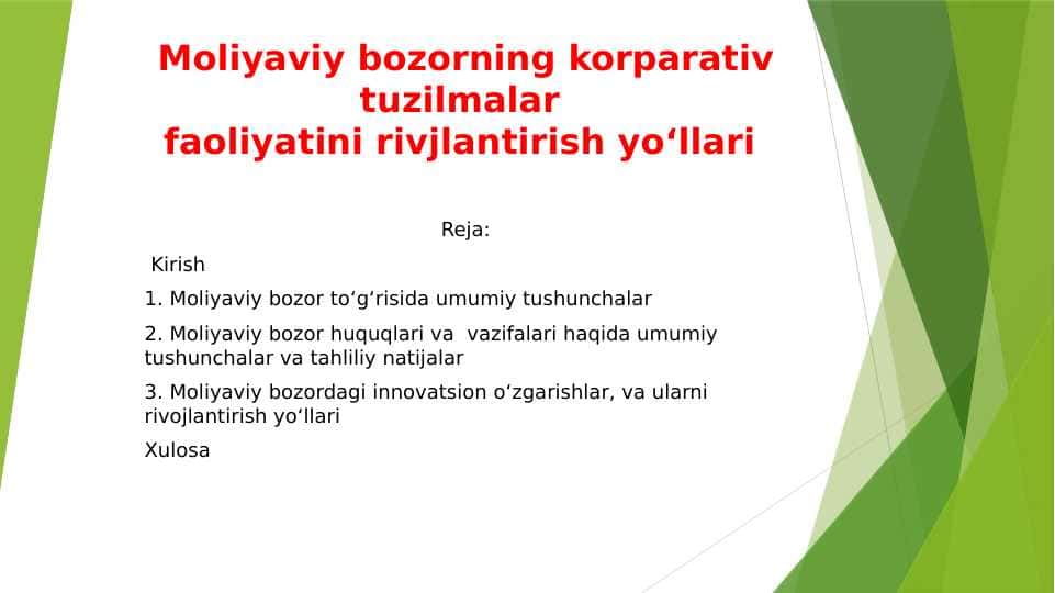 Moliyaviy bozorning korparativ tuzilmalar faoliyatini rivojlantirish yo‘llari. 1