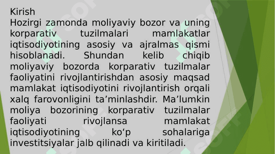 Moliyaviy bozorning korparativ tuzilmalar faoliyatini rivojlantirish yo‘llari. 2