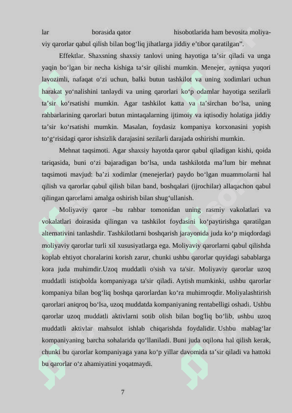 Korxonada moliyaviy qarorlar va ularga ta’sir qiluvchi omillar 7