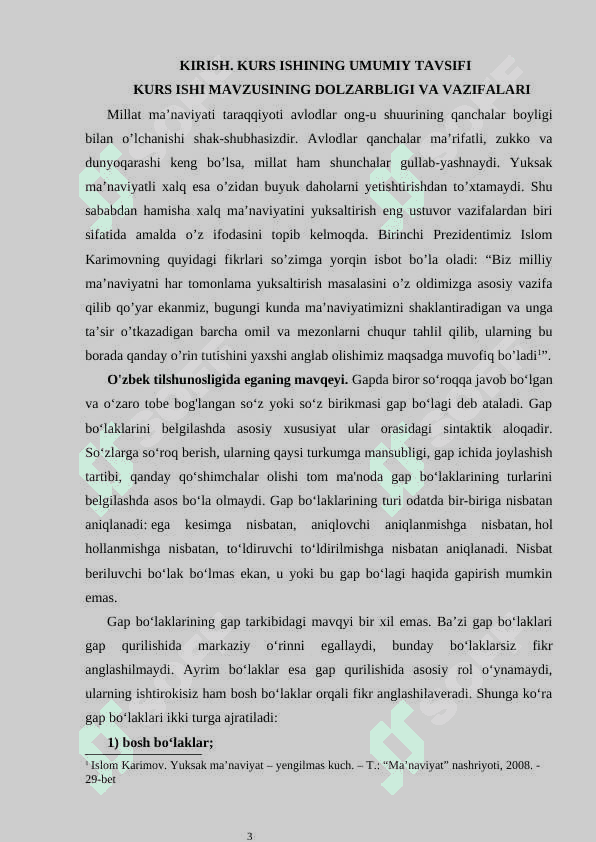 I.EGA GAP BO’LAKLARI HAQIDA UMUMIY MA’LUMOT………… 6  1.1. EGA HAQIDA UMUMIY MA’LUMOT	9  1.2. EGA BILAN KESIMNING IFODALANISHI EGANING IFODALANISHI	13  2.1.EGANING LEKSEMASHAKL BILAN IFODALANISHI……………14  2.2. EGALI VA EGASIZ GAPLAR…………………………………………20 3