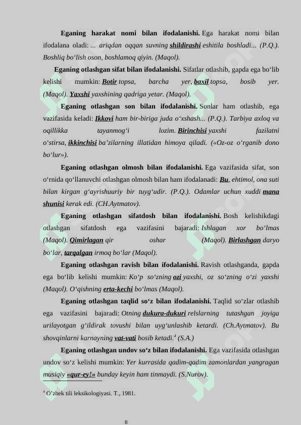I.EGA GAP BO’LAKLARI HAQIDA UMUMIY MA’LUMOT………… 6  1.1. EGA HAQIDA UMUMIY MA’LUMOT	9  1.2. EGA BILAN KESIMNING IFODALANISHI EGANING IFODALANISHI	13  2.1.EGANING LEKSEMASHAKL BILAN IFODALANISHI……………14  2.2. EGALI VA EGASIZ GAPLAR…………………………………………20 8